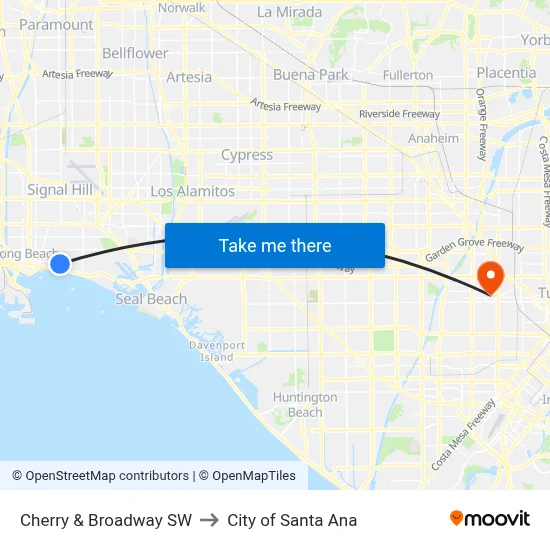 Cherry & Broadway SW to City of Santa Ana map