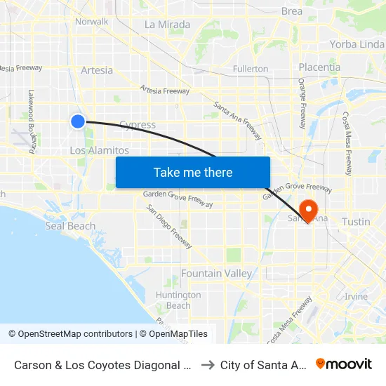 Carson & Los Coyotes Diagonal NE to City of Santa Ana map
