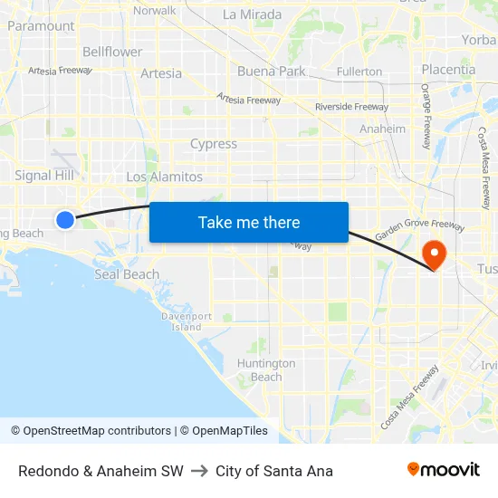 Redondo & Anaheim SW to City of Santa Ana map