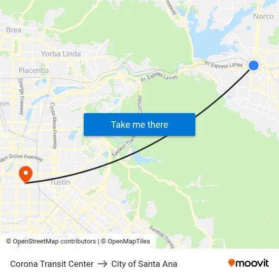 Corona Transit Center to City of Santa Ana map