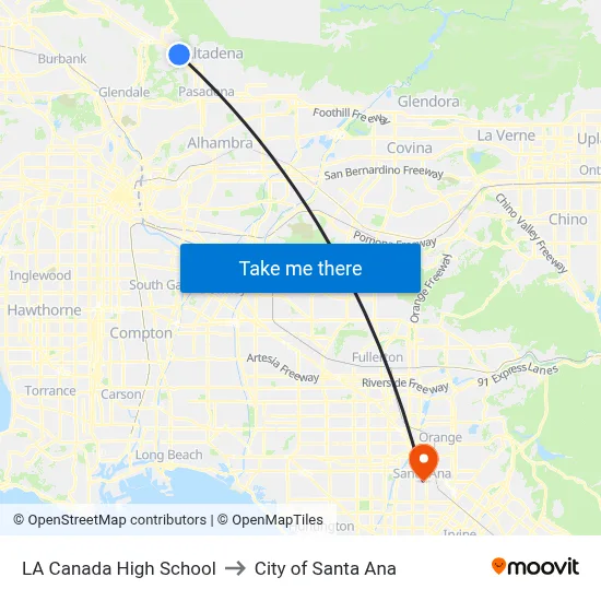 LA Canada High School to City of Santa Ana map