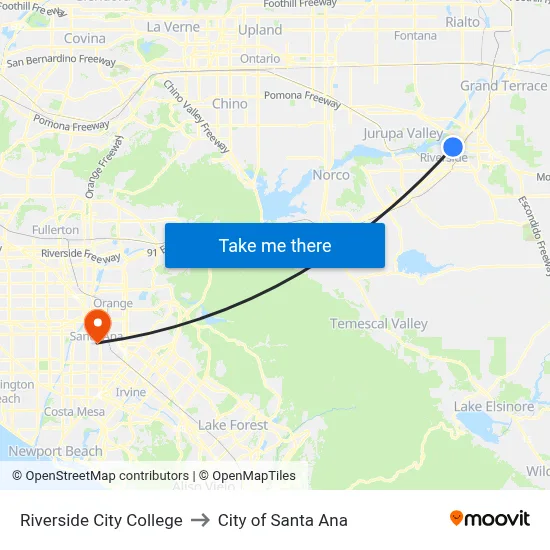 Riverside City College to City of Santa Ana map
