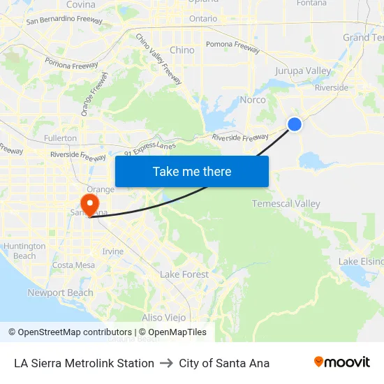 LA Sierra Metrolink Station to City of Santa Ana map