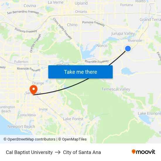 Cal Baptist University to City of Santa Ana map