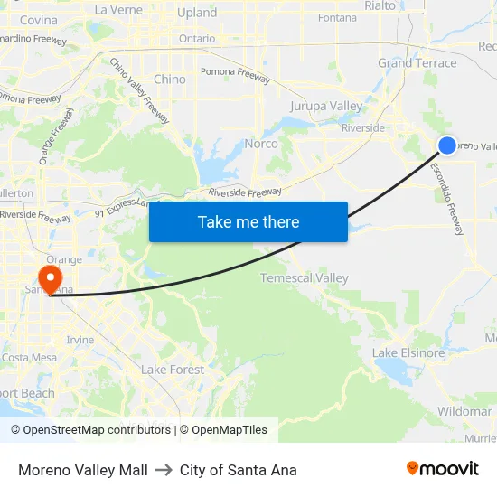 Moreno Valley Mall to City of Santa Ana map