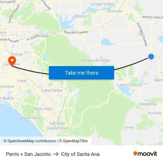Perris + San Jacinto to City of Santa Ana map