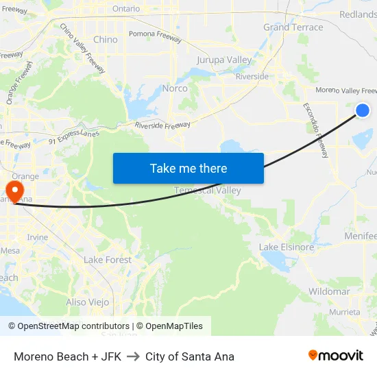 Moreno Beach + JFK to City of Santa Ana map