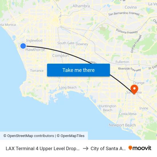 LAX Terminal 4 Upper Level Drop Off to City of Santa Ana map