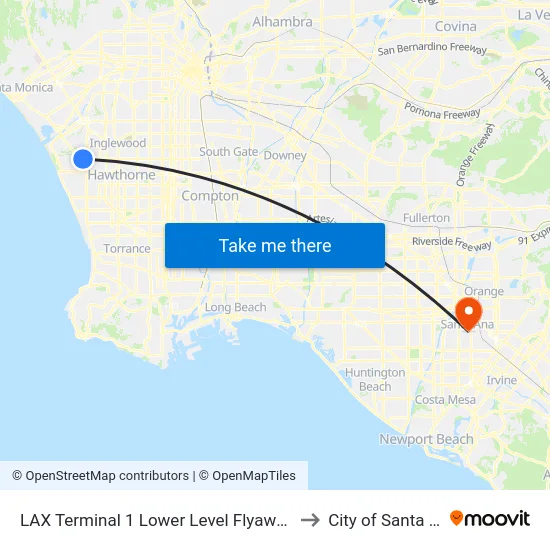 LAX Terminal 1 Lower Level Flyaway Stop to City of Santa Ana map
