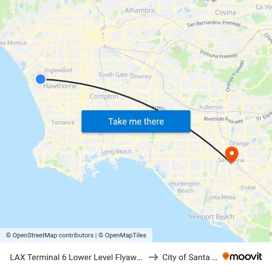 LAX Terminal 6 Lower Level Flyaway Stop to City of Santa Ana map