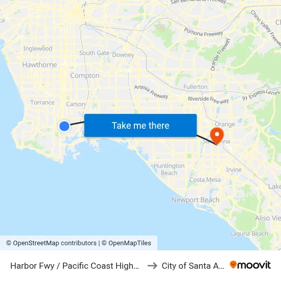 Harbor Fwy / Pacific Coast Highway to City of Santa Ana map