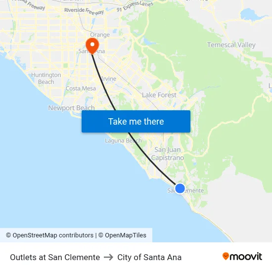 Outlets at San Clemente to City of Santa Ana map