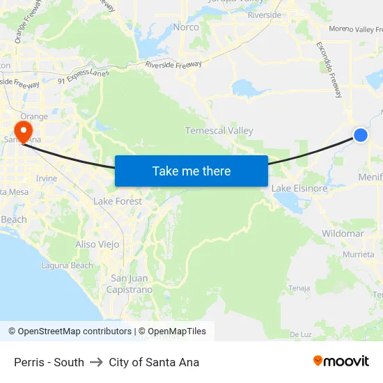 Perris - South to City of Santa Ana map