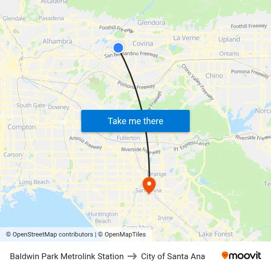 Baldwin Park Metrolink Station to City of Santa Ana map