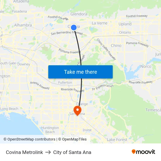 Covina Metrolink to City of Santa Ana map