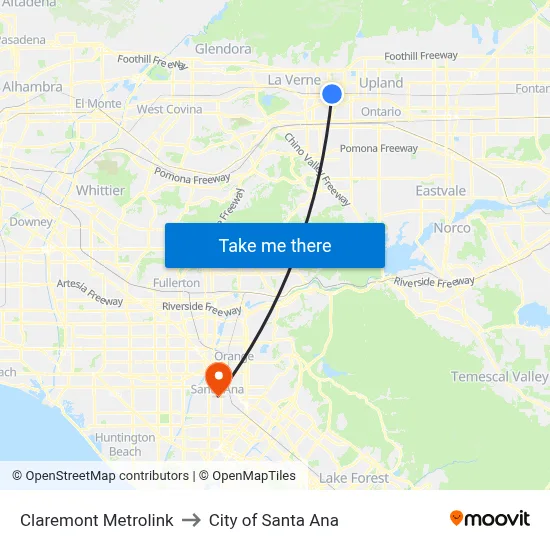 Claremont Metrolink to City of Santa Ana map