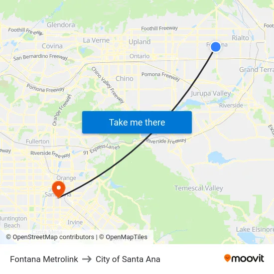 Fontana Metrolink to City of Santa Ana map
