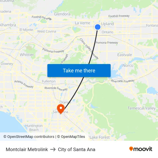 Montclair Metrolink to City of Santa Ana map