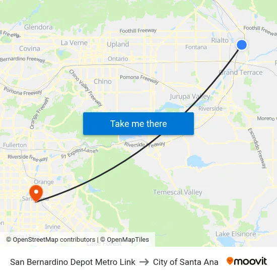 San Bernardino Depot Metro Link to City of Santa Ana map