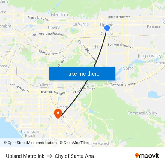 Upland Metrolink to City of Santa Ana map