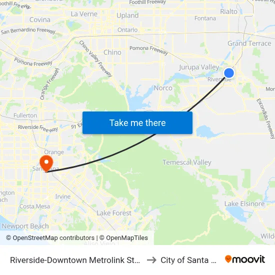 Riverside-Downtown Metrolink Station to City of Santa Ana map