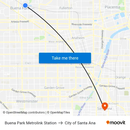 Buena Park Metrolink Station to City of Santa Ana map