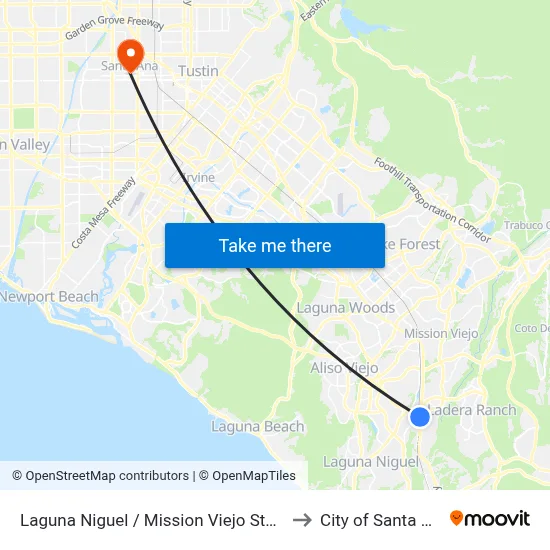 Laguna Niguel / Mission Viejo Station to City of Santa Ana map
