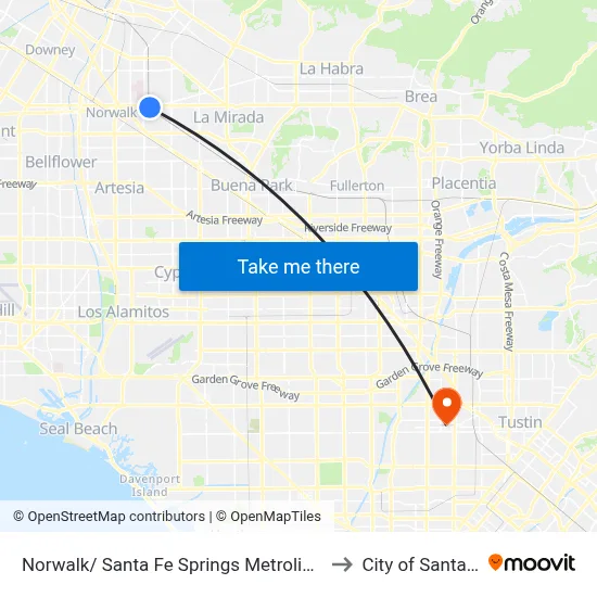 Norwalk/ Santa Fe Springs Metrolink Station to City of Santa Ana map