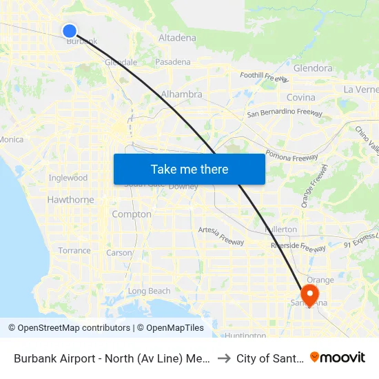 Burbank Airport - North (Av Line) Metrolink Station to City of Santa Ana map