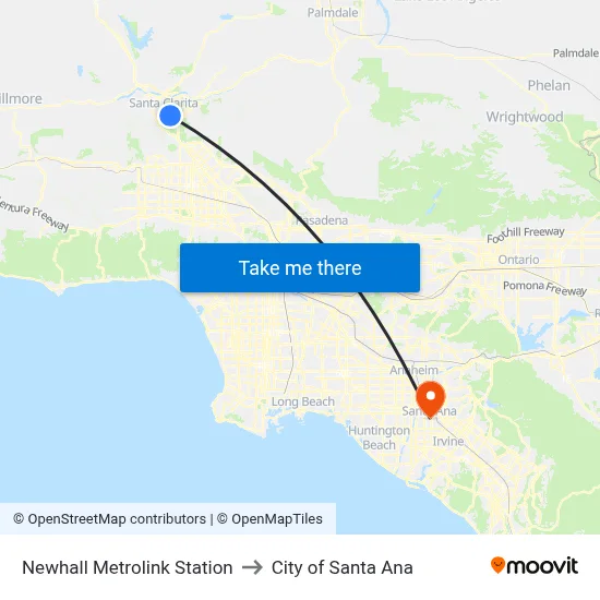 Newhall Metrolink Station to City of Santa Ana map