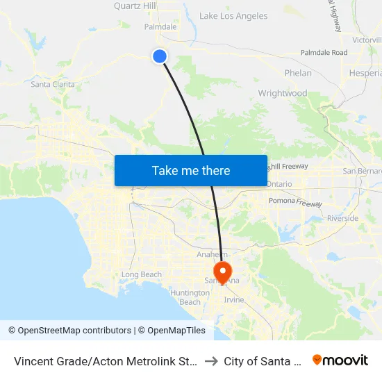 Vincent Grade/Acton Metrolink Station to City of Santa Ana map
