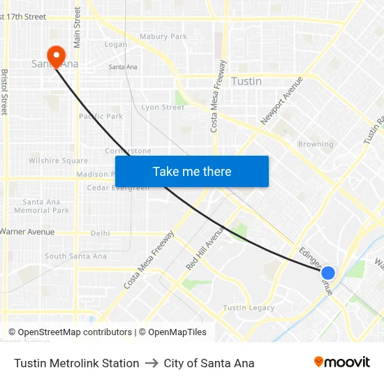 Tustin Metrolink Station to City of Santa Ana map