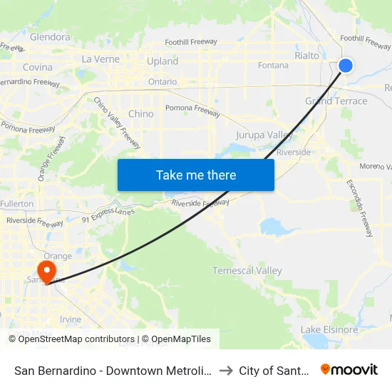 San Bernardino - Downtown Metrolink Station to City of Santa Ana map