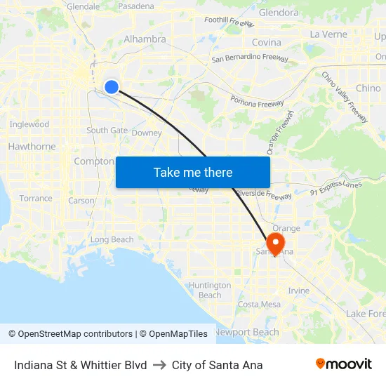 Indiana St & Whittier Blvd to City of Santa Ana map