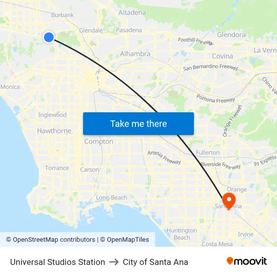 Universal Studios Station to City of Santa Ana map