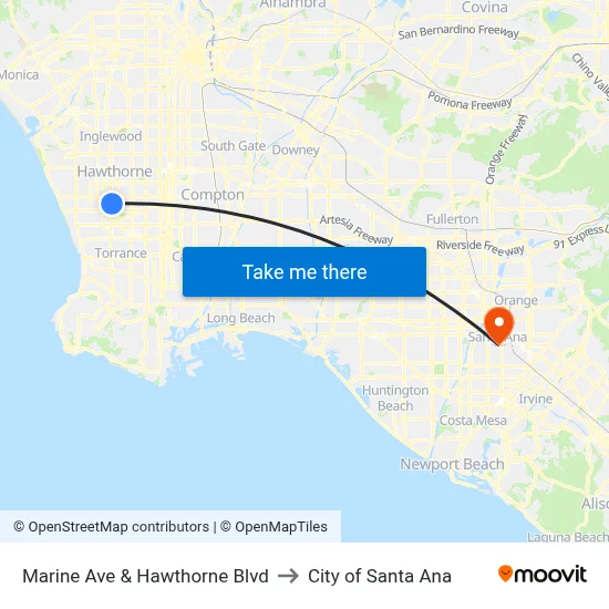 Marine Ave & Hawthorne Blvd to City of Santa Ana map