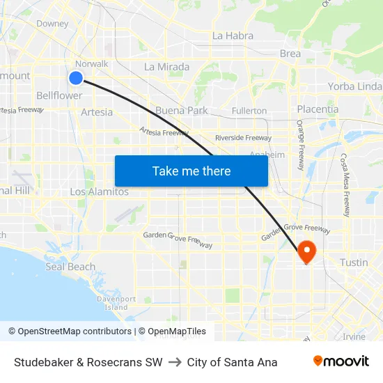 Studebaker & Rosecrans SW to City of Santa Ana map