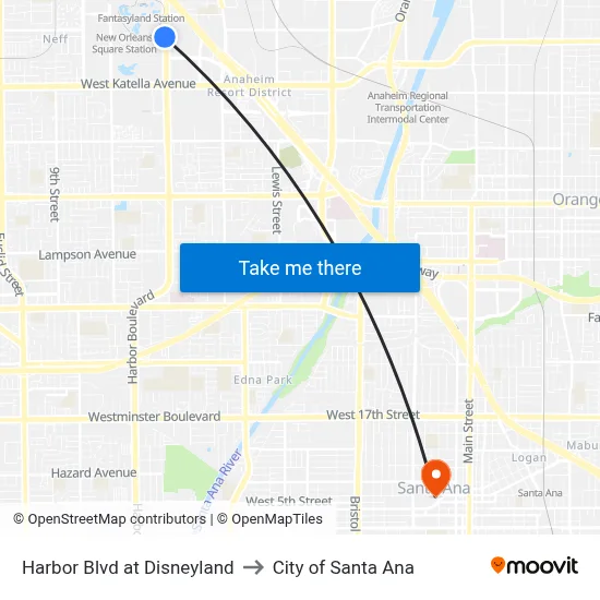 Harbor Blvd at Disneyland to City of Santa Ana map