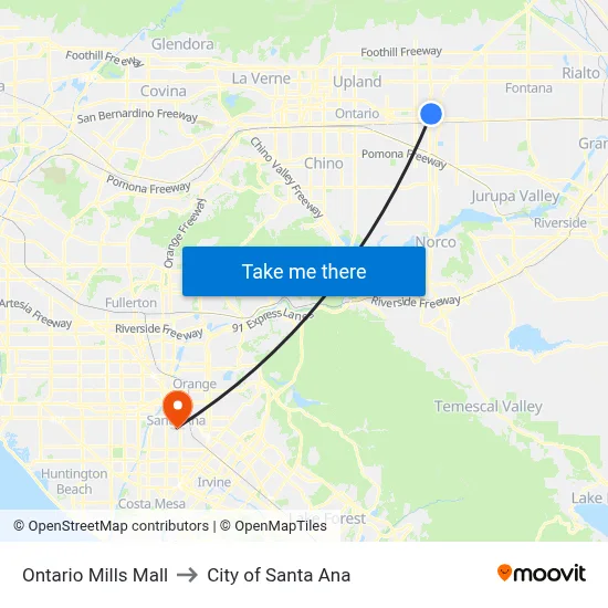 Ontario Mills Mall to City of Santa Ana map