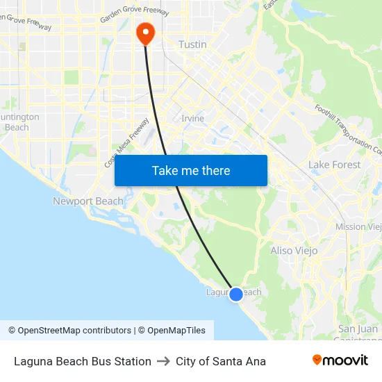 Laguna Beach Bus Station to City of Santa Ana map