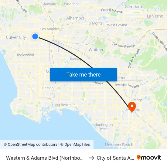 Western & Adams Blvd (Northbound) to City of Santa Ana map