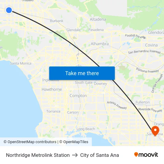 Northridge Metrolink Station to City of Santa Ana map