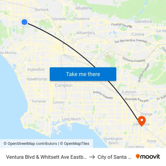 Ventura Blvd & Whitsett Ave Eastbound to City of Santa Ana map