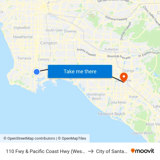 110 Fwy & Pacific Coast Hwy (Westbound) to City of Santa Ana map