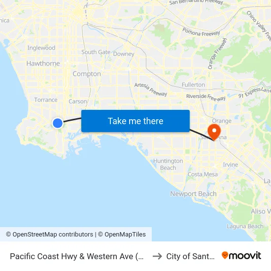 Pacific Coast Hwy & Western Ave (Westbound) to City of Santa Ana map
