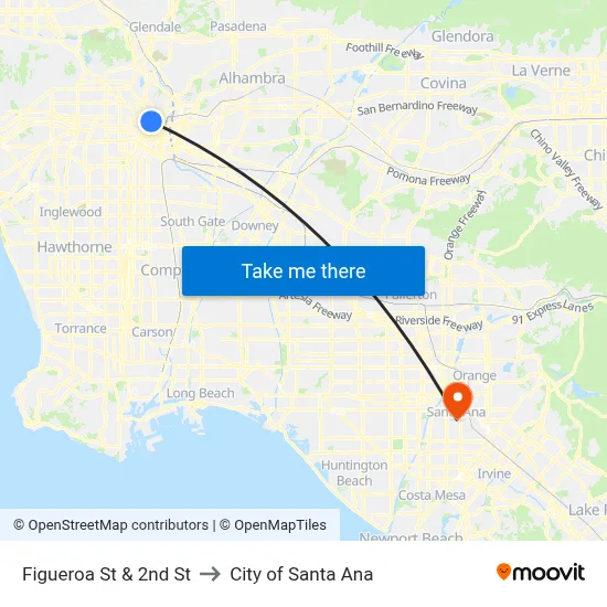 Figueroa St & 2nd St to City of Santa Ana map