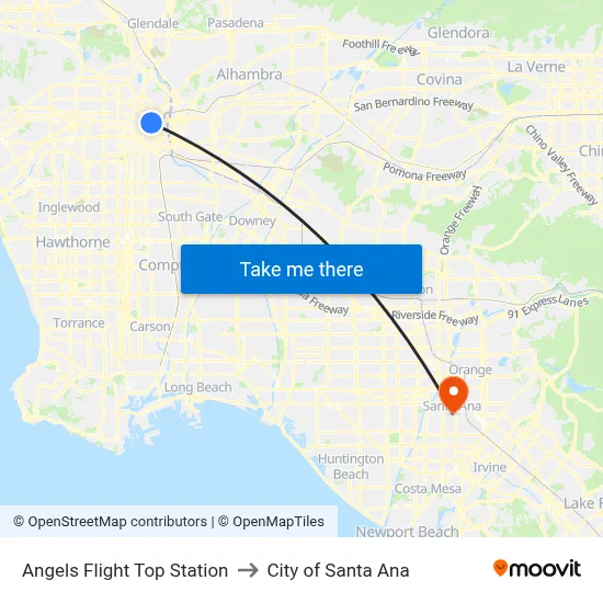 Angels Flight Top Station to City of Santa Ana map