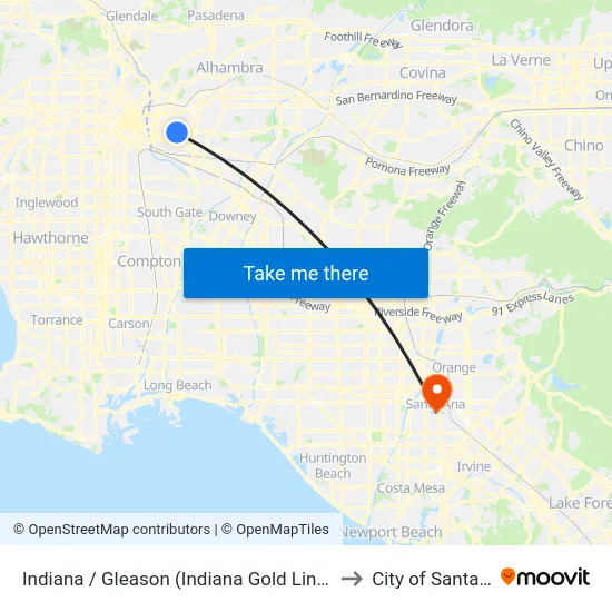 Indiana / Gleason (Indiana Gold Line Station) to City of Santa Ana map