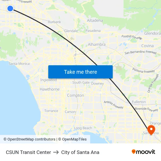 CSUN Transit Center to City of Santa Ana map