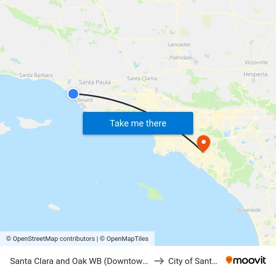 Santa Clara and Oak WB (Downtown Ventura) to City of Santa Ana map